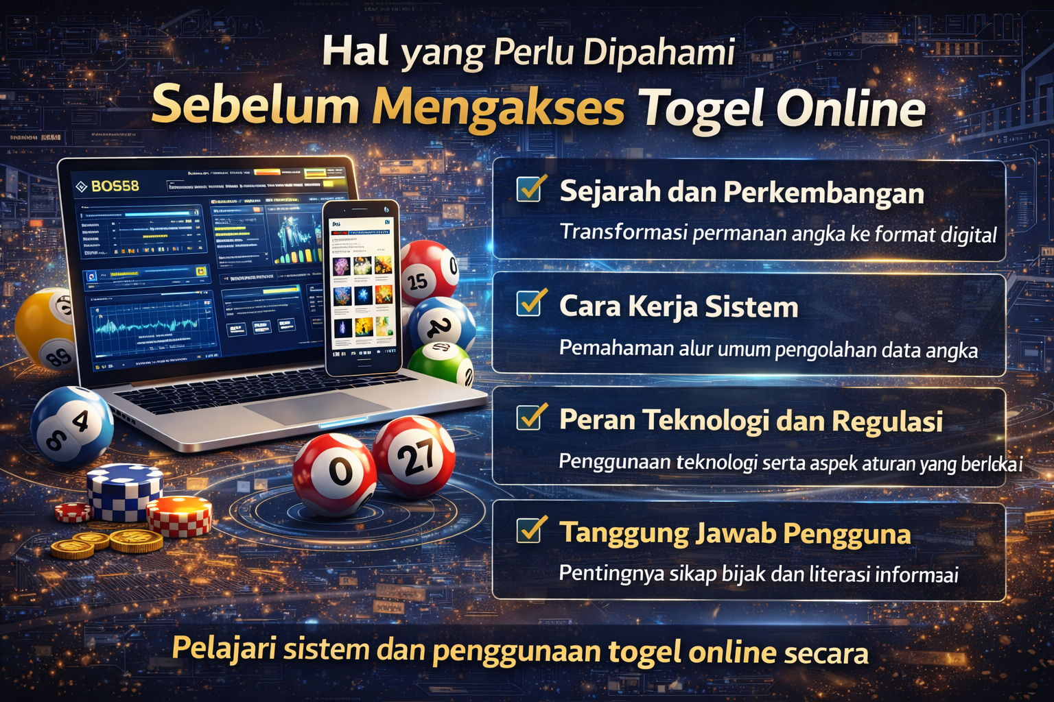 Ilustrasi edukatif tentang pemahaman togel online, sistem kerja berbasis teknologi, dan penggunaan secara bertanggung jawab